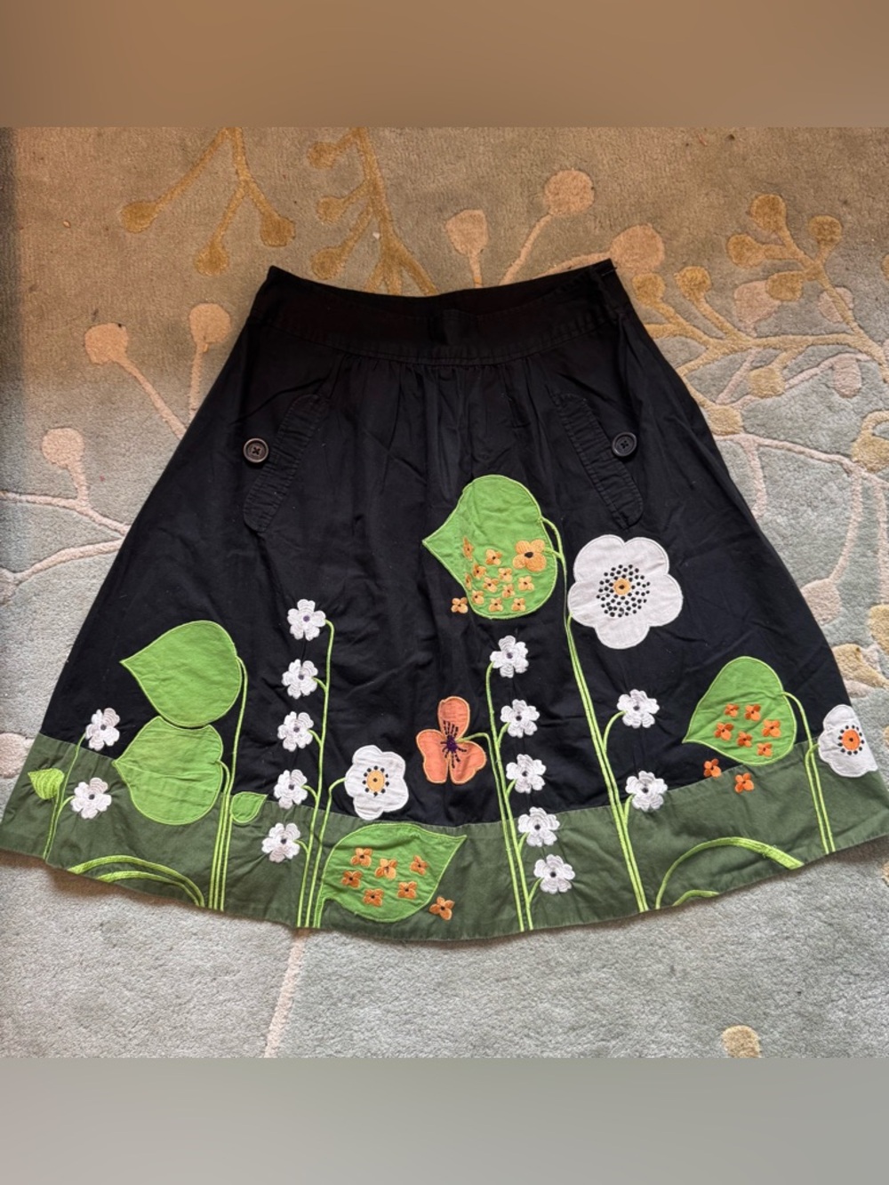 Anthropologie Black A-Line Skirt with Green & White Floral Appliqué